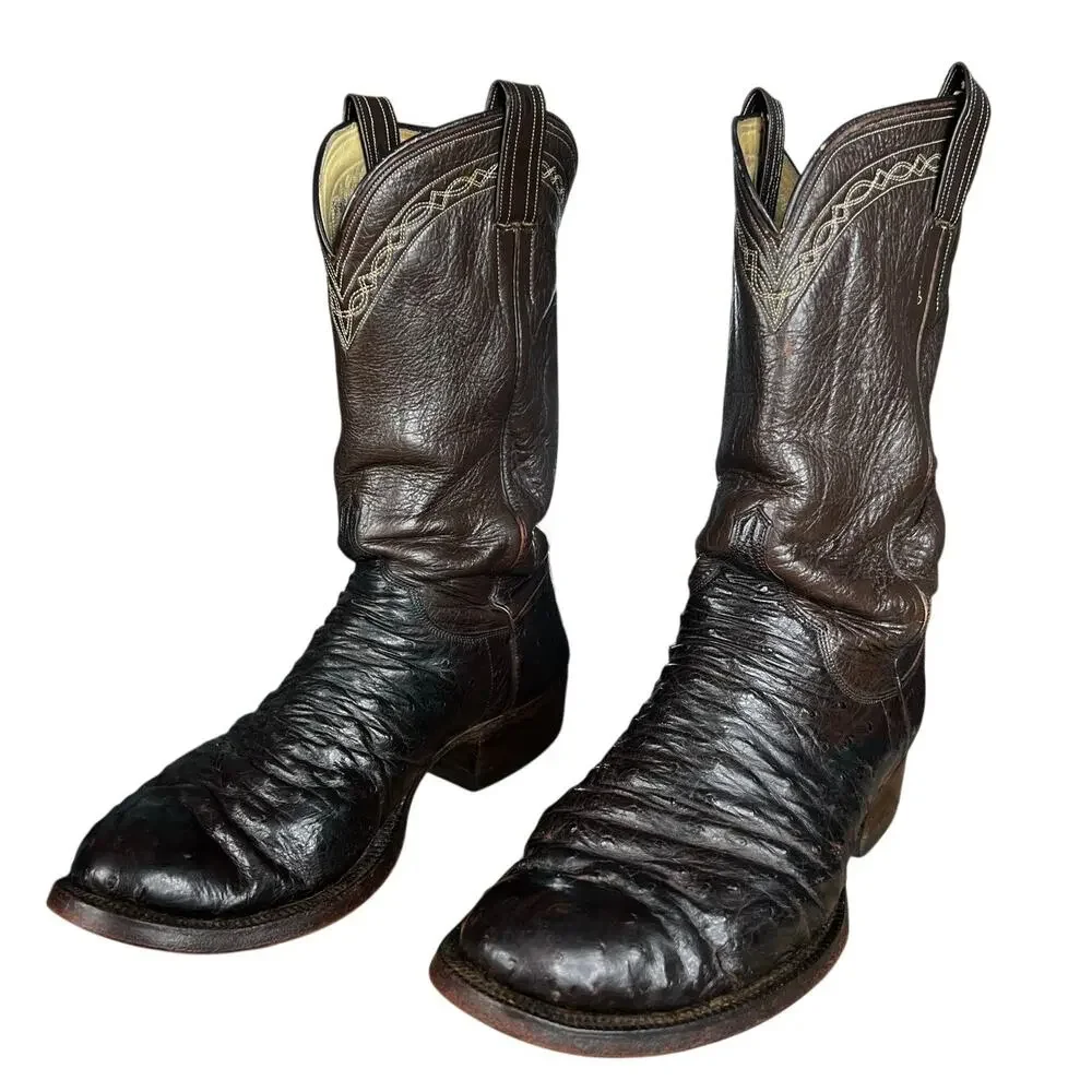 Vintage M.L. Leddy Men’s Full Quill Ostrich Brown Cowboy Boots Size 10 EE